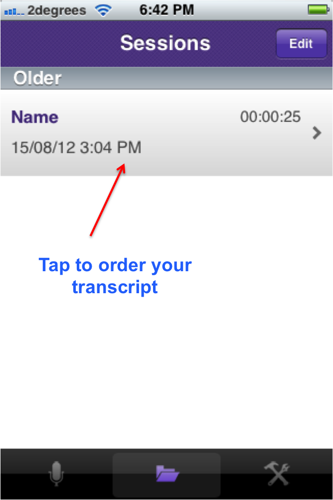 TranscribeMe iPhone App Session Screen