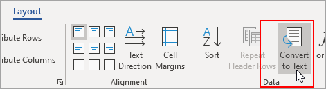 The Convert to Text option is highlighted on the Table Tools Layout tab.